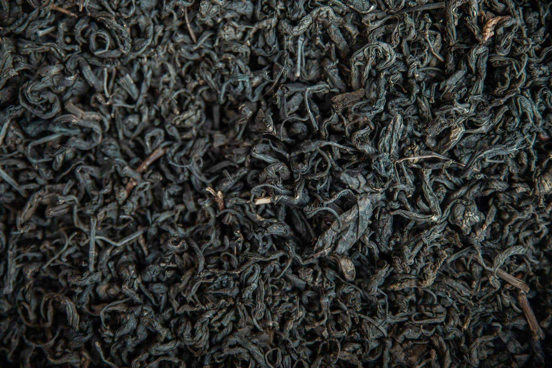 Close-up of twisted, dry black tea leaves